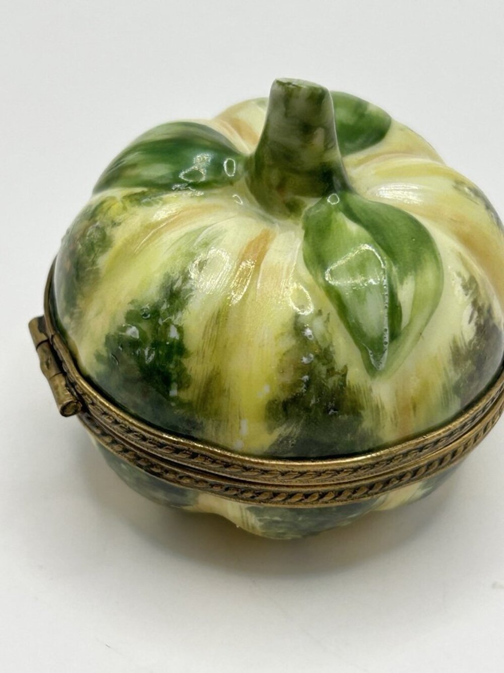 Limoges France Pumpkin Squash Trinket Box Peint Main Hinged Porcelain Green Gift - Picture 10 of 16
